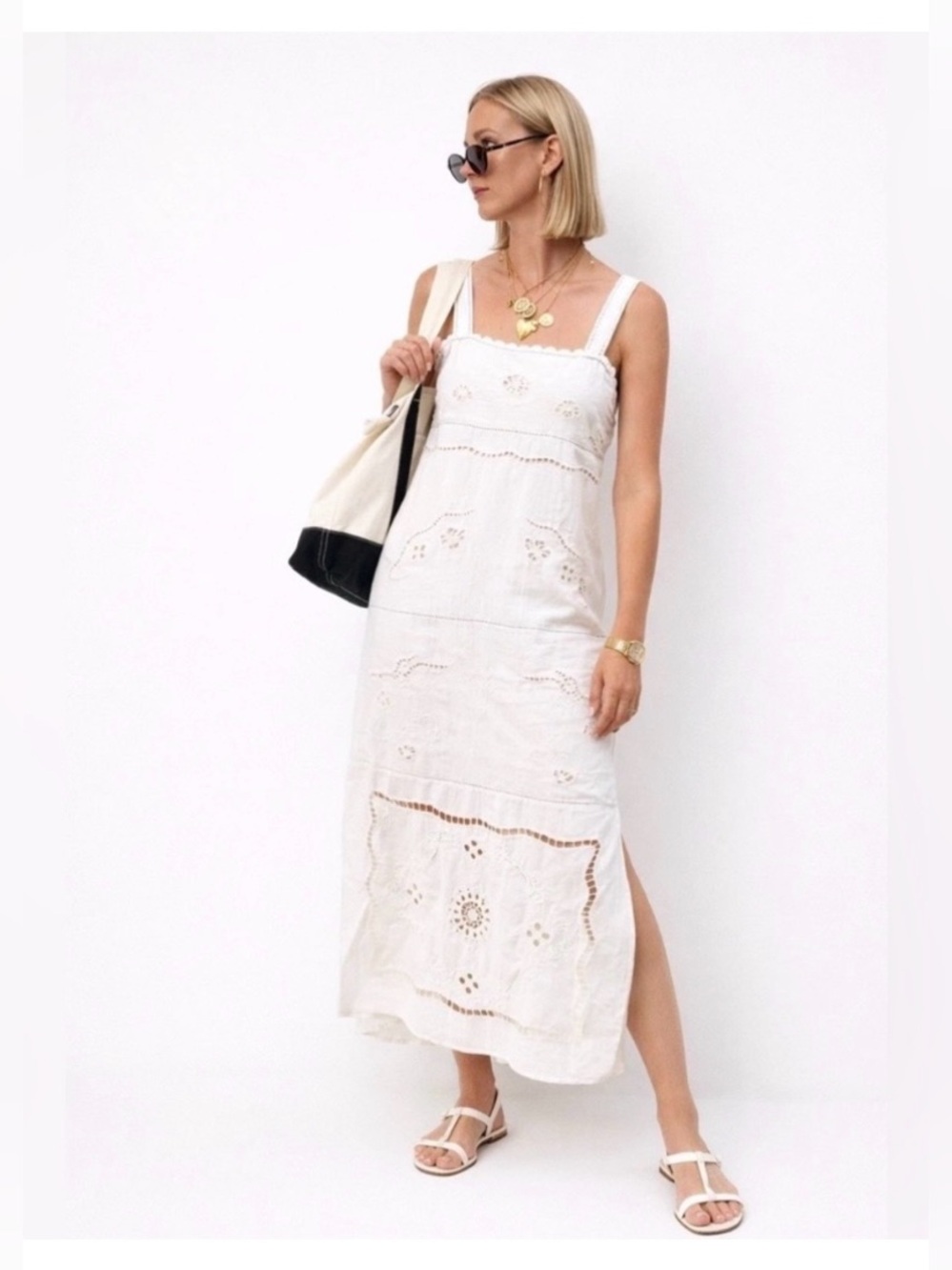 Zara Embroidered Patchwork Women's White Eyelet Linen Maxi Dress Sleeveless XL